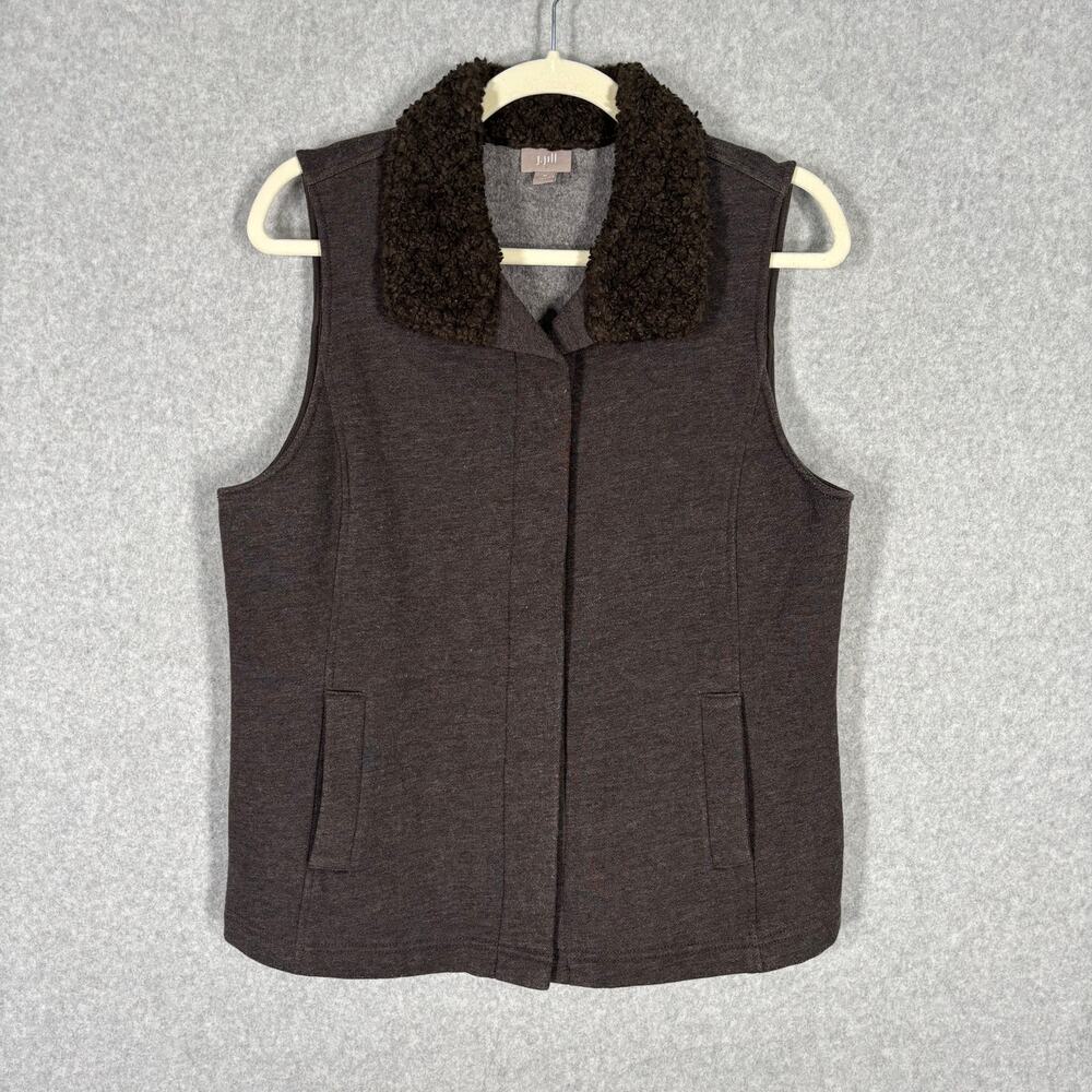 J Jill Vest Medium Sherpa Fur Collar Neutral Cowgirl Hiking Farmhouse GORP